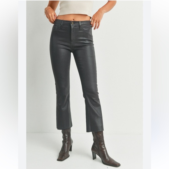Just Black Denim - Just Black JBD Coated Black Denim Cropped Kick Flare Jeans Unfinished Hems New
